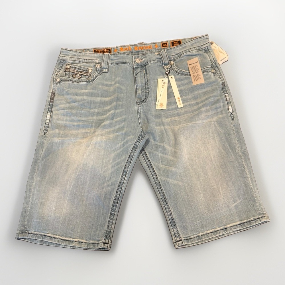 NWT Rock Revival Men's Blue Denim NOEL Shorts Embroidered Flap Pockets Y2K